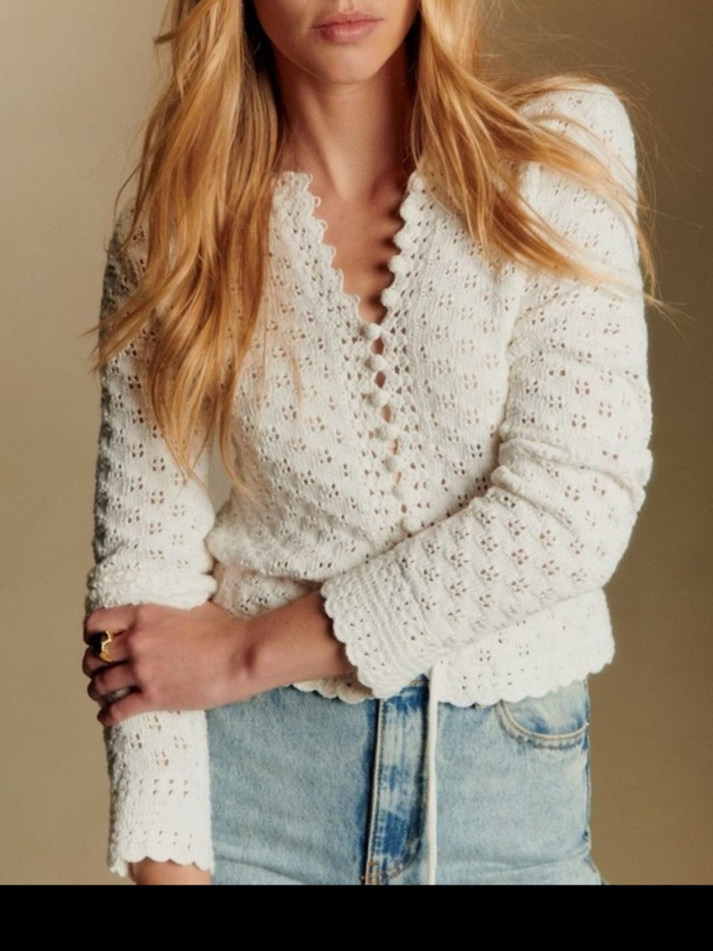 Sezane Cream Crochet V‑Neck Knit Sweater